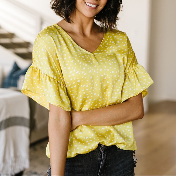 Dash of Pink Tops - Silky Spots Ruffle Sleeve Blouse In Honey